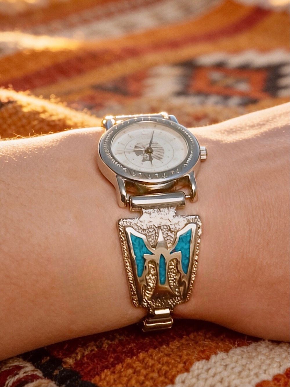 Silver Indian Chief Watch with Sterling Navajo Turquoise Inlay Thunderbird Tips